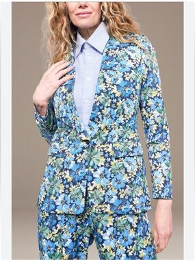 Wildfang Blue Floral Androgynous One Button Tuxedo Blazer, Small